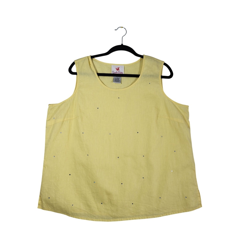 Quacker Factory Yellow Linen Blend Rhinestone Tank Top Shell‎ Blouse XL Bling